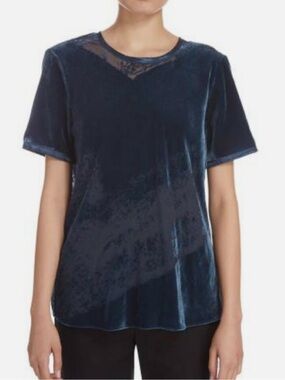 Donna Karan Sz M Shirt Blue Velvet Burnout Short-Sleeve Crewneck Top Classic